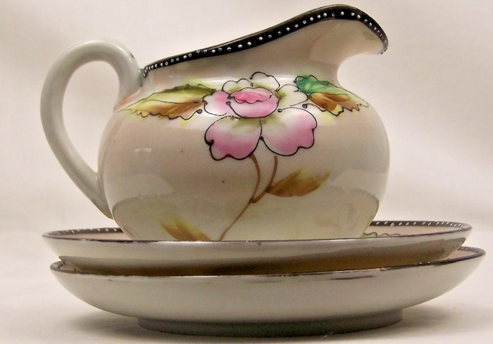 Antique TE-OH Nippon Beaded Ware Hand Painted Creamer & Saucer Set Porcelain